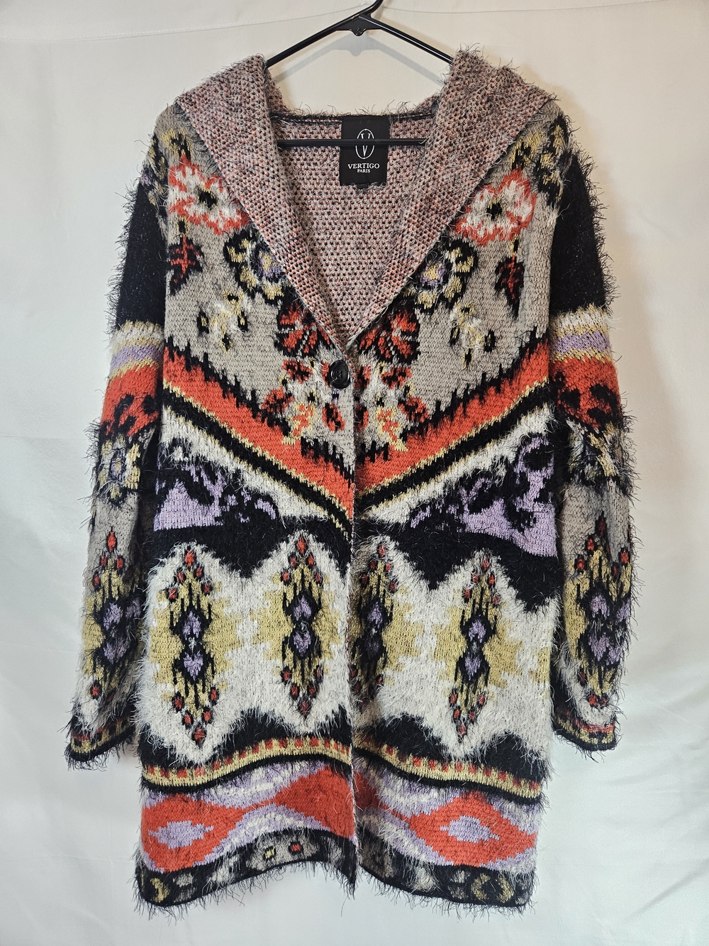 Vertigo Paris Multicolor Fuzzy Hooded Cardigan Business Casual Relaxed Fit